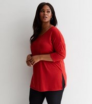 New Look Curves Red Fine Knit Long V Neck Top